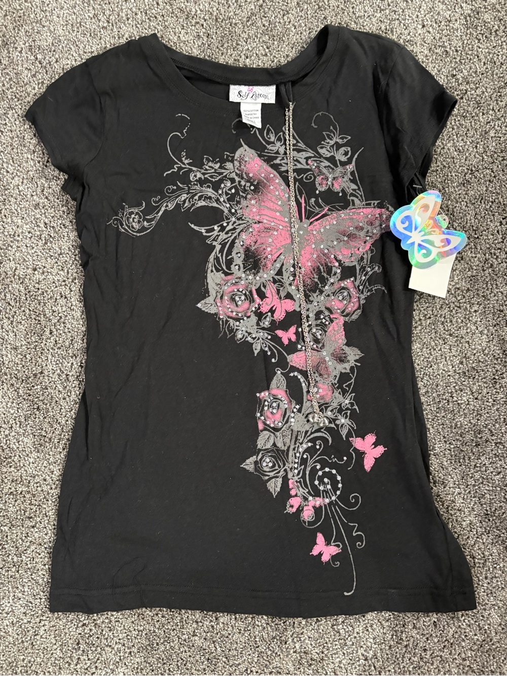 Self Esteem Black Tee with Pink Butterfly Graphic